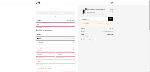 Cue checkout page showing Cue promo code box | Screenshot taken by SimplyCodes community member on Sep 14, 2025