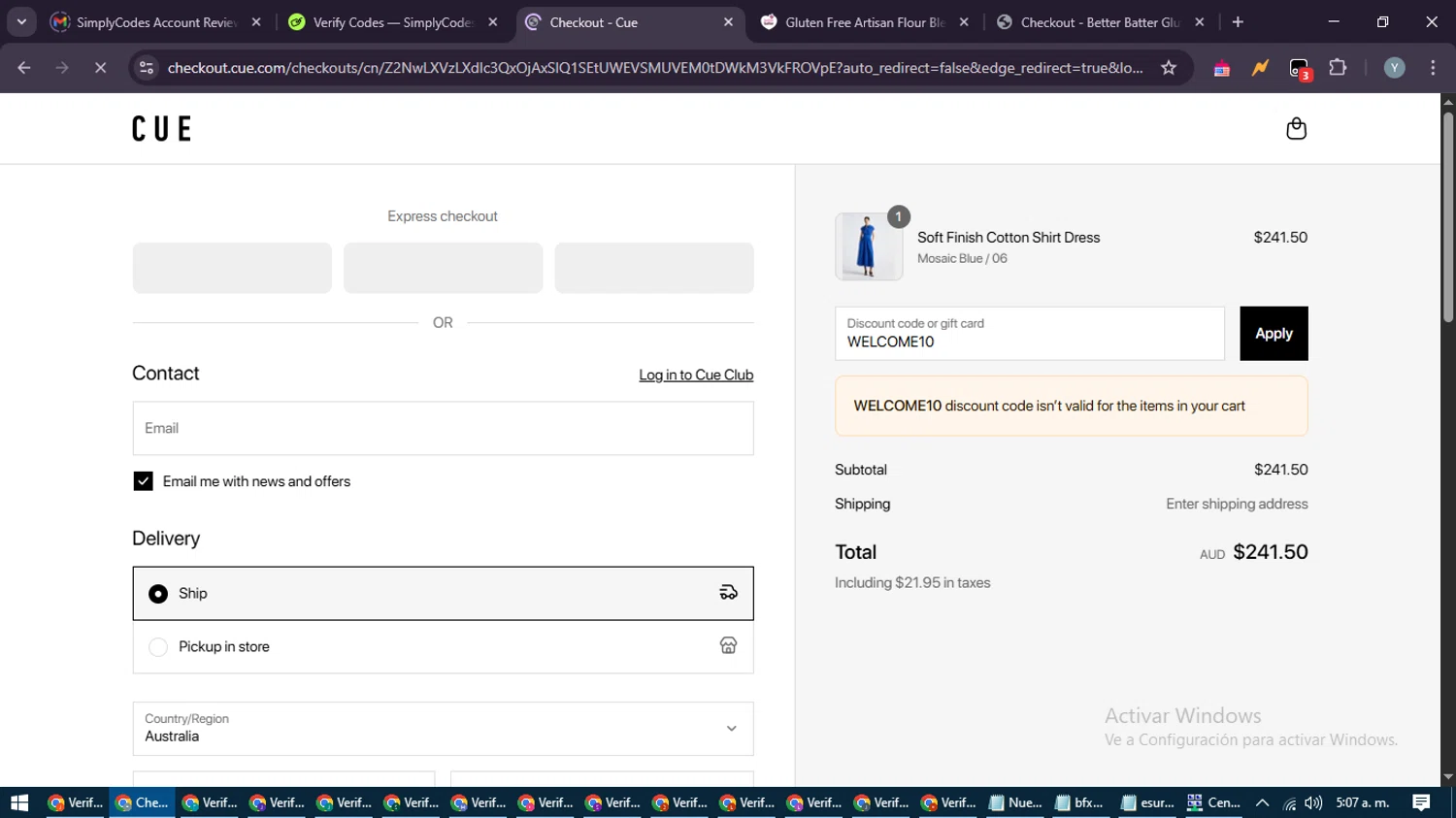 Cue promo code screenshot showing code WELCOME10 applied at Cue checkout page. Uploaded by SimplyCodes community member MoneyTiger5162 on May 1, 2025