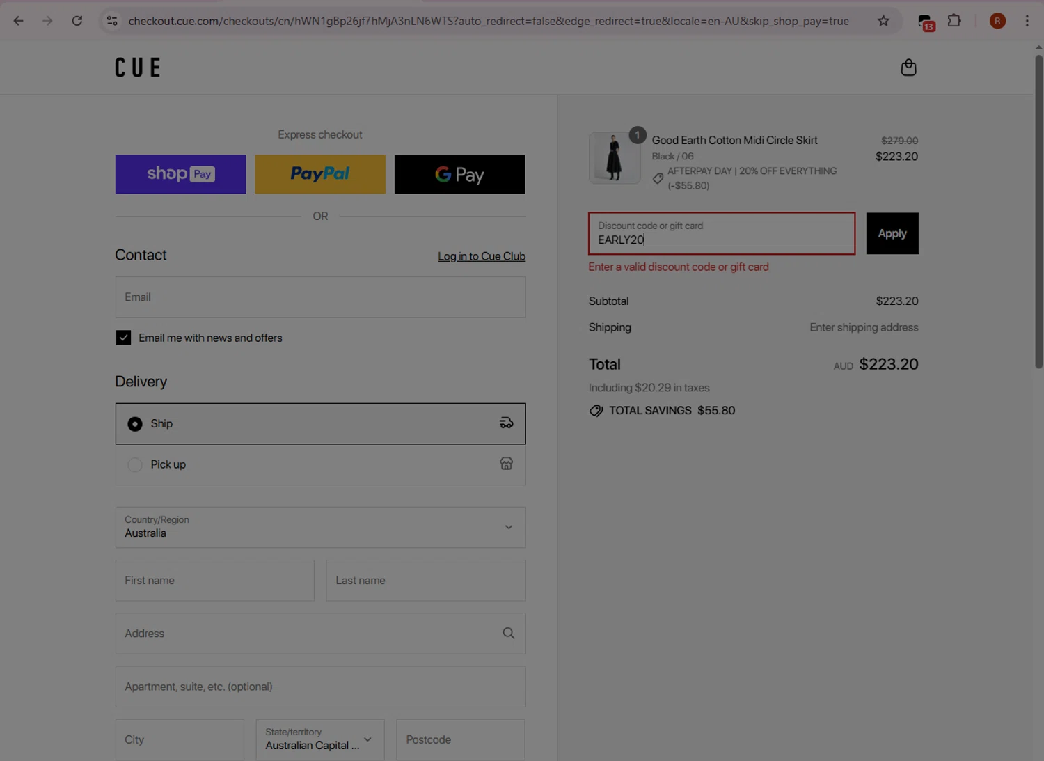 Cue promo code screenshot showing code EARLY20 applied at Cue checkout page. Uploaded by SimplyCodes community member BrilliantRanger8168 on Aug 11, 2025