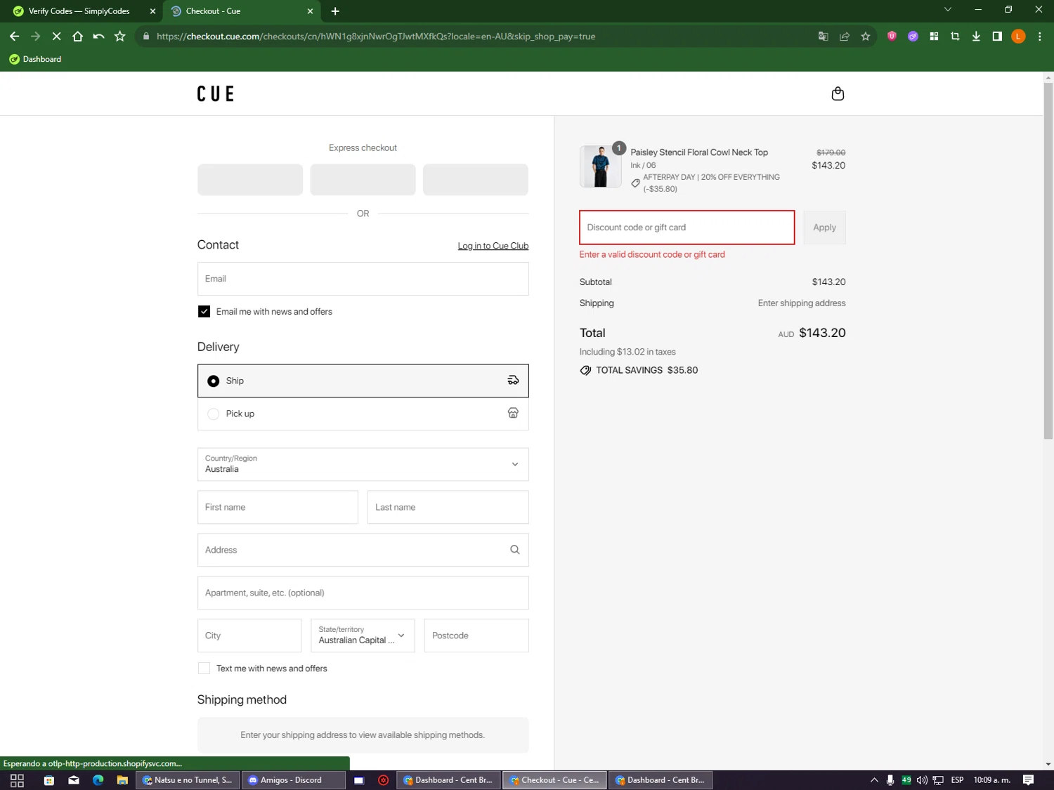 Cue promo code screenshot showing code EARLY20 applied at Cue checkout page. Uploaded by SimplyCodes community member DealOwl9228 on Aug 11, 2025