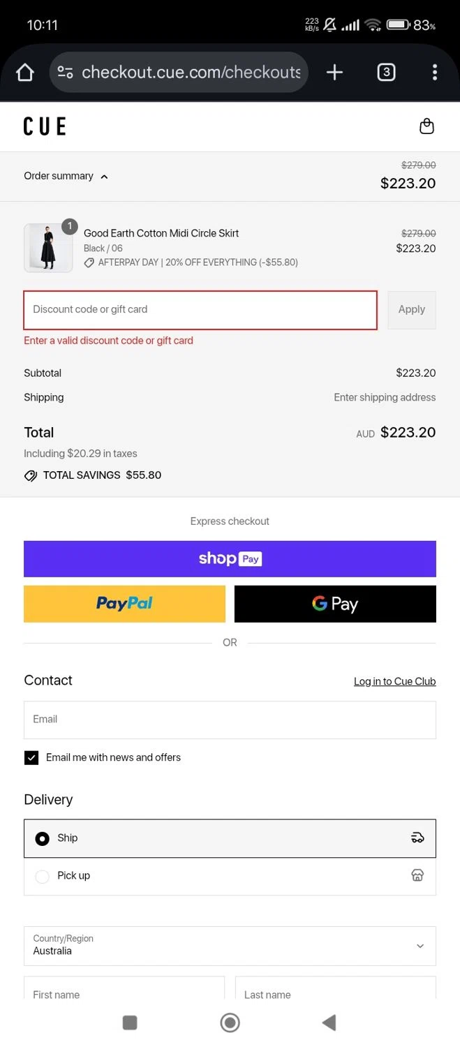Cue promo code screenshot showing code EARLY20 applied at Cue checkout page. Uploaded by SimplyCodes community member chinito on Aug 11, 2025