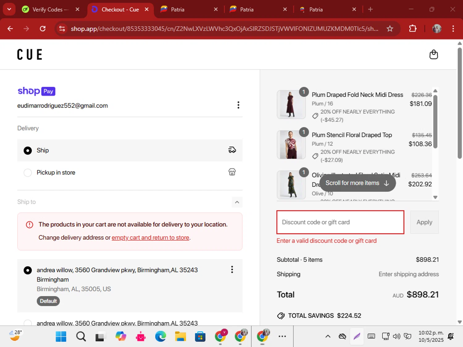 Cue promo code screenshot showing code vip20 applied at Cue checkout page. Uploaded by SimplyCodes community member ShrewdSeeker5445 on May 11, 2025
