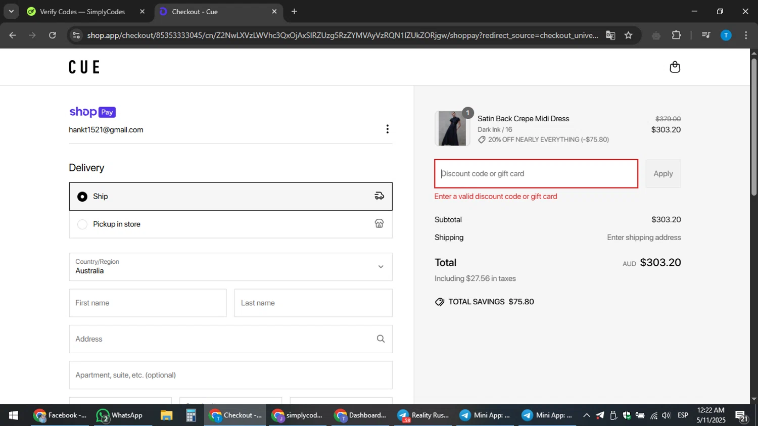 Cue promo code screenshot showing code vip20 applied at Cue checkout page. Uploaded by SimplyCodes community member hankt1521 on May 11, 2025
