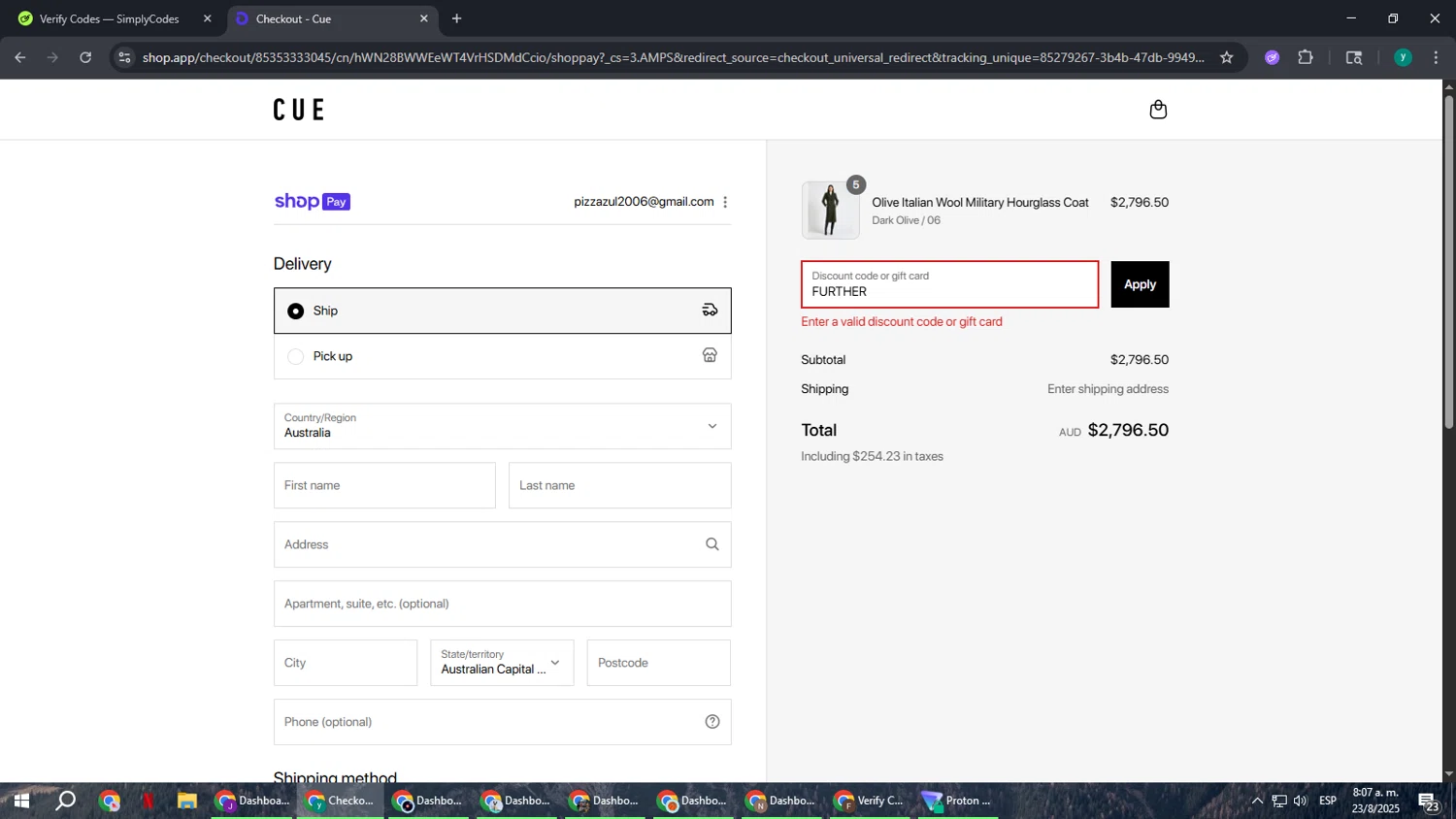 Cue promo code screenshot showing code FURTHER applied at Cue checkout page. Uploaded by SimplyCodes community member FrugalCaptain6906 on Aug 23, 2025