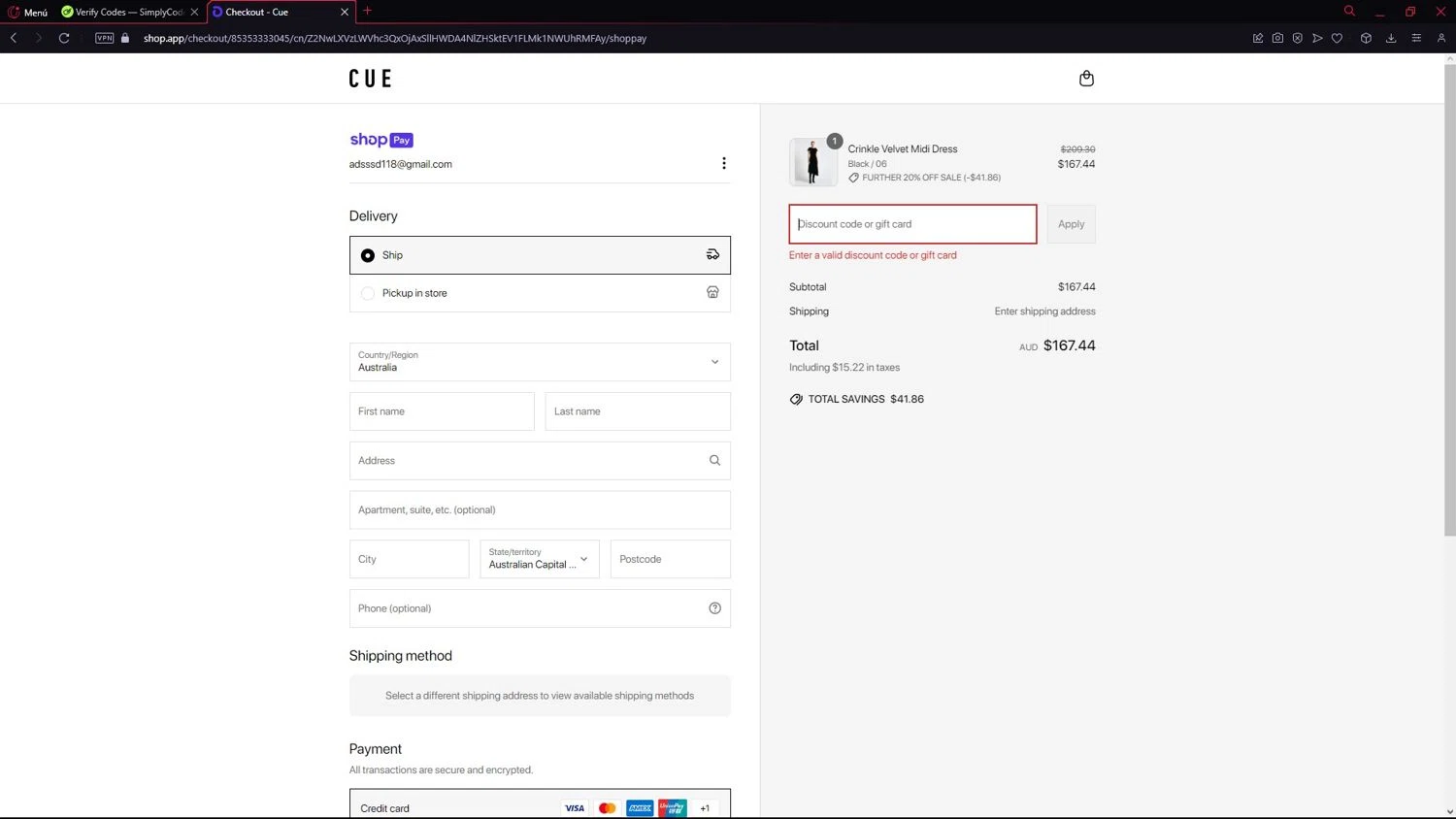 Cue promo code screenshot showing code FURTHER applied at Cue checkout page. Uploaded by SimplyCodes community member LegendarySeeker3956 on Jun 24, 2025