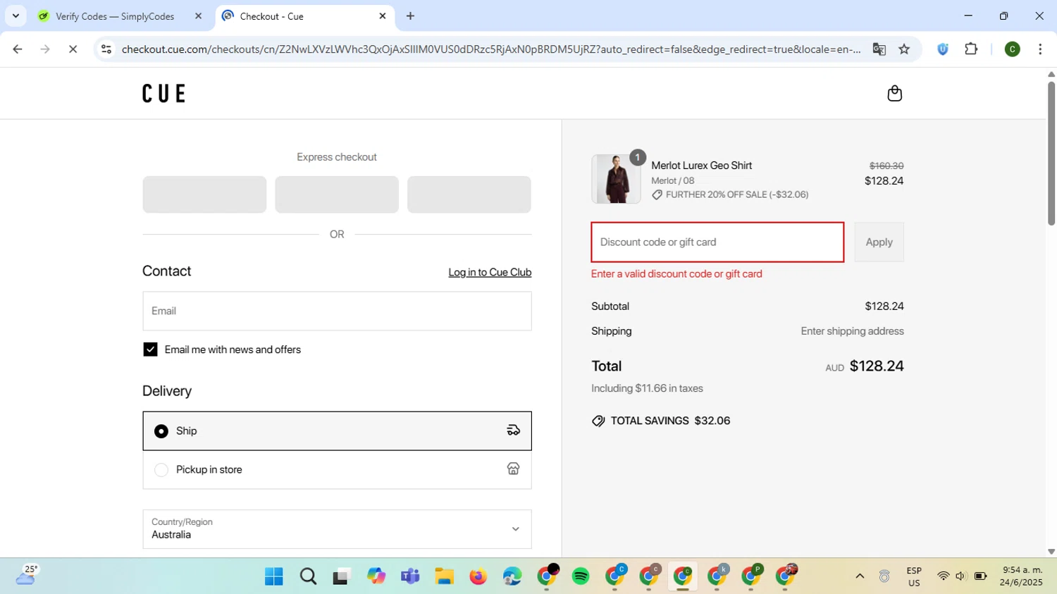 Cue promo code screenshot showing code FURTHER applied at Cue checkout page. Uploaded by SimplyCodes community member VoucherBoss6971 on Jun 24, 2025