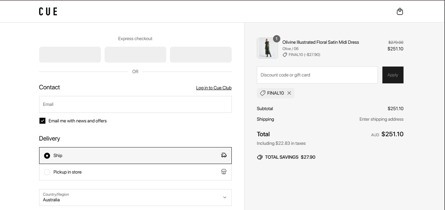 Cue promo code screenshot showing code FINAL10 applied at Cue checkout page. Uploaded by SimplyCodes community member juanisaac on Apr 17, 2025