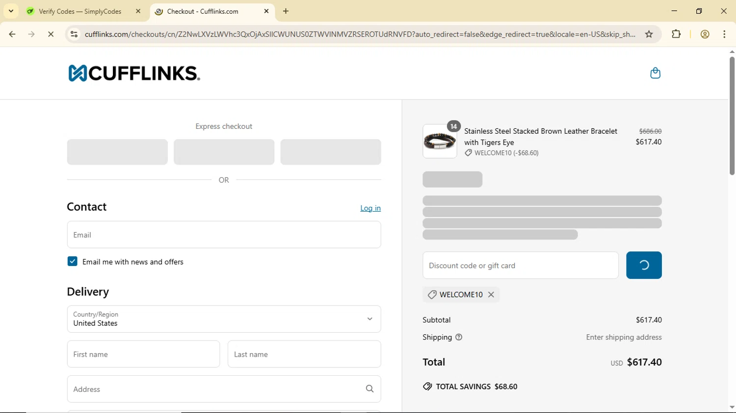 Cufflinks.com promo code screenshot showing code WELCOME10 applied at Cufflinks.com checkout page. Uploaded by SimplyCodes community member Luisitoxd12 on Jun 22, 2025