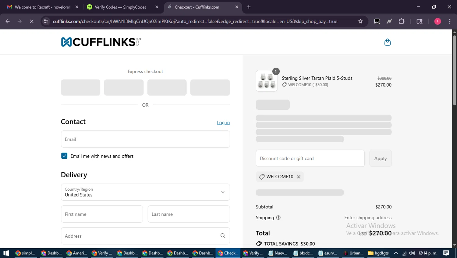 Cufflinks.com promo code screenshot showing code WELCOME10 applied at Cufflinks.com checkout page. Uploaded by SimplyCodes community member WisePro3739 on Aug 13, 2025