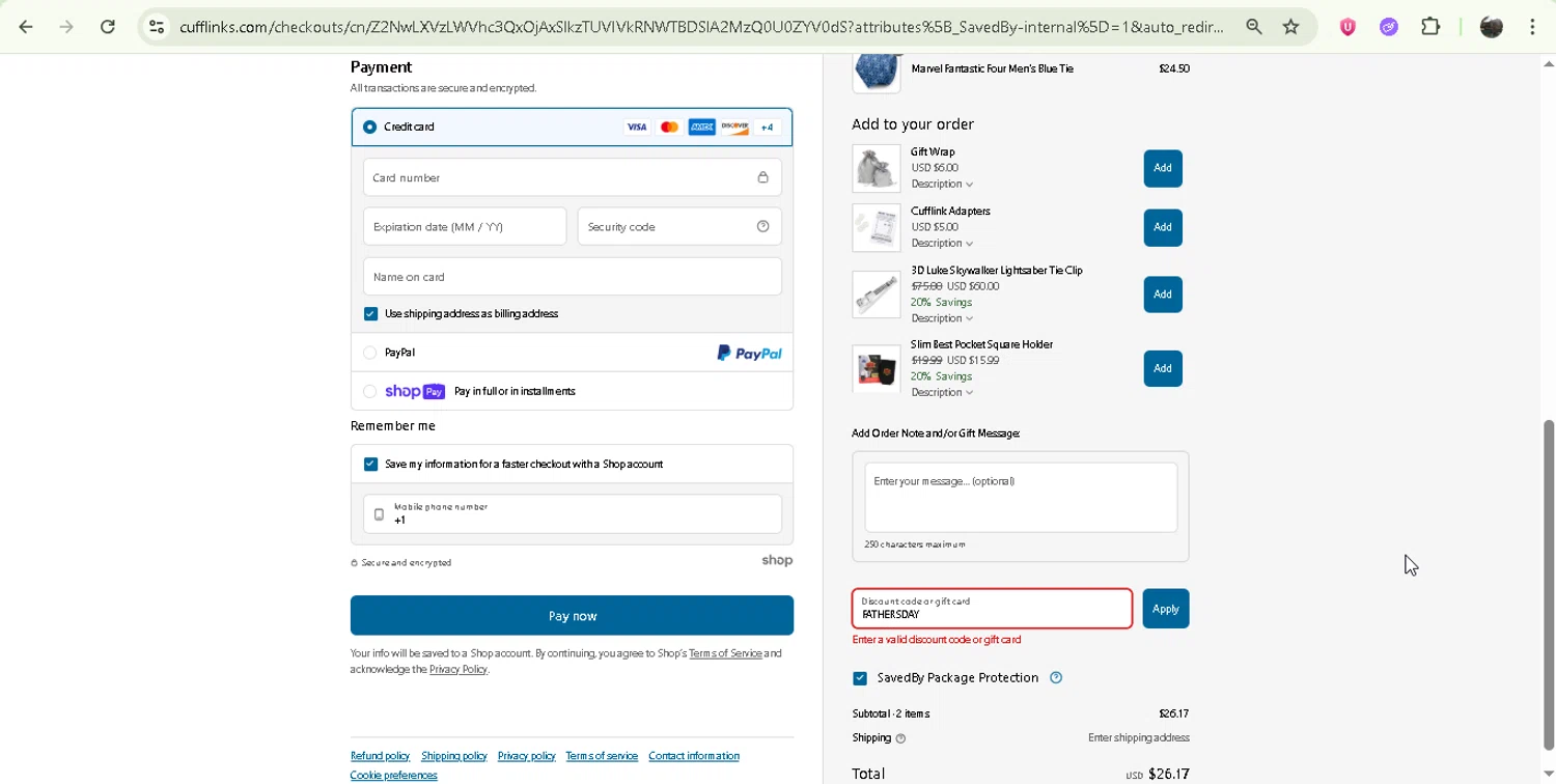 Cufflinks.com promo code screenshot showing code FATHERSDAY applied at Cufflinks.com checkout page. Uploaded by SimplyCodes community member Jesusvasquezzz on Jun 19, 2025