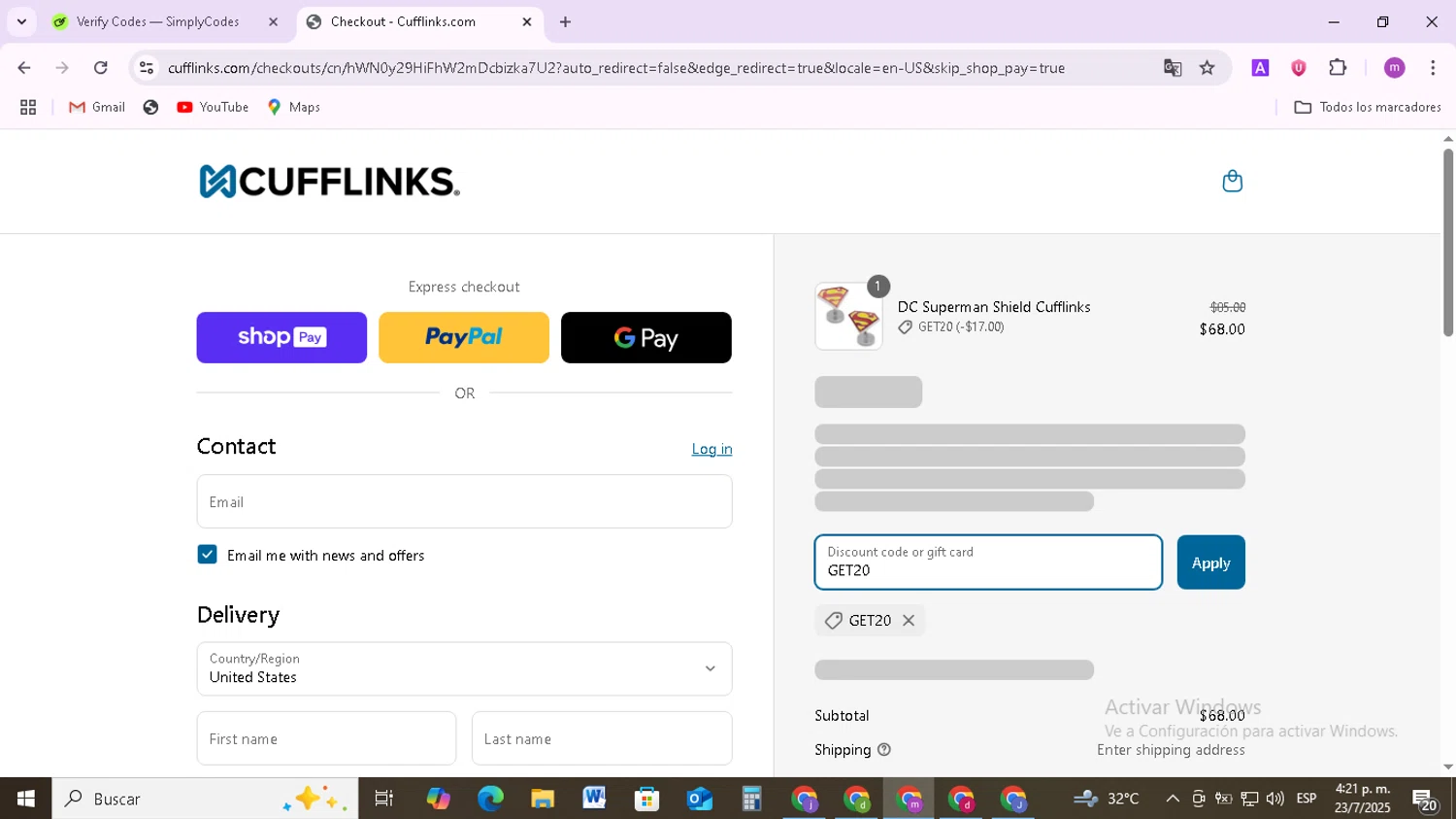 Cufflinks.com promo code screenshot showing code GET20 applied at Cufflinks.com checkout page. Uploaded by SimplyCodes community member BudgetMonarch8952 on Jul 23, 2025