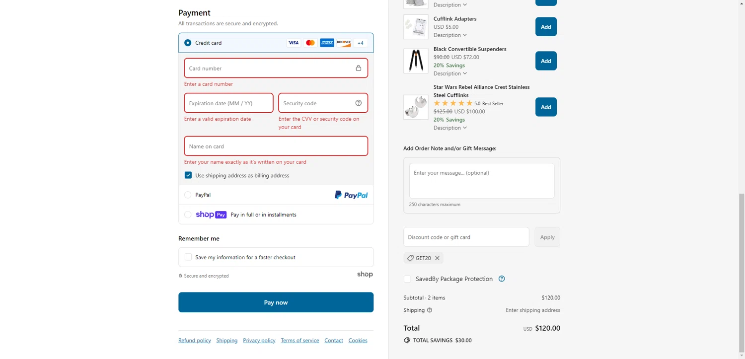 Cufflinks.com promo code screenshot showing code GET20 applied at Cufflinks.com checkout page. Uploaded by SimplyCodes community member PennyRanger8219 on Aug 5, 2025