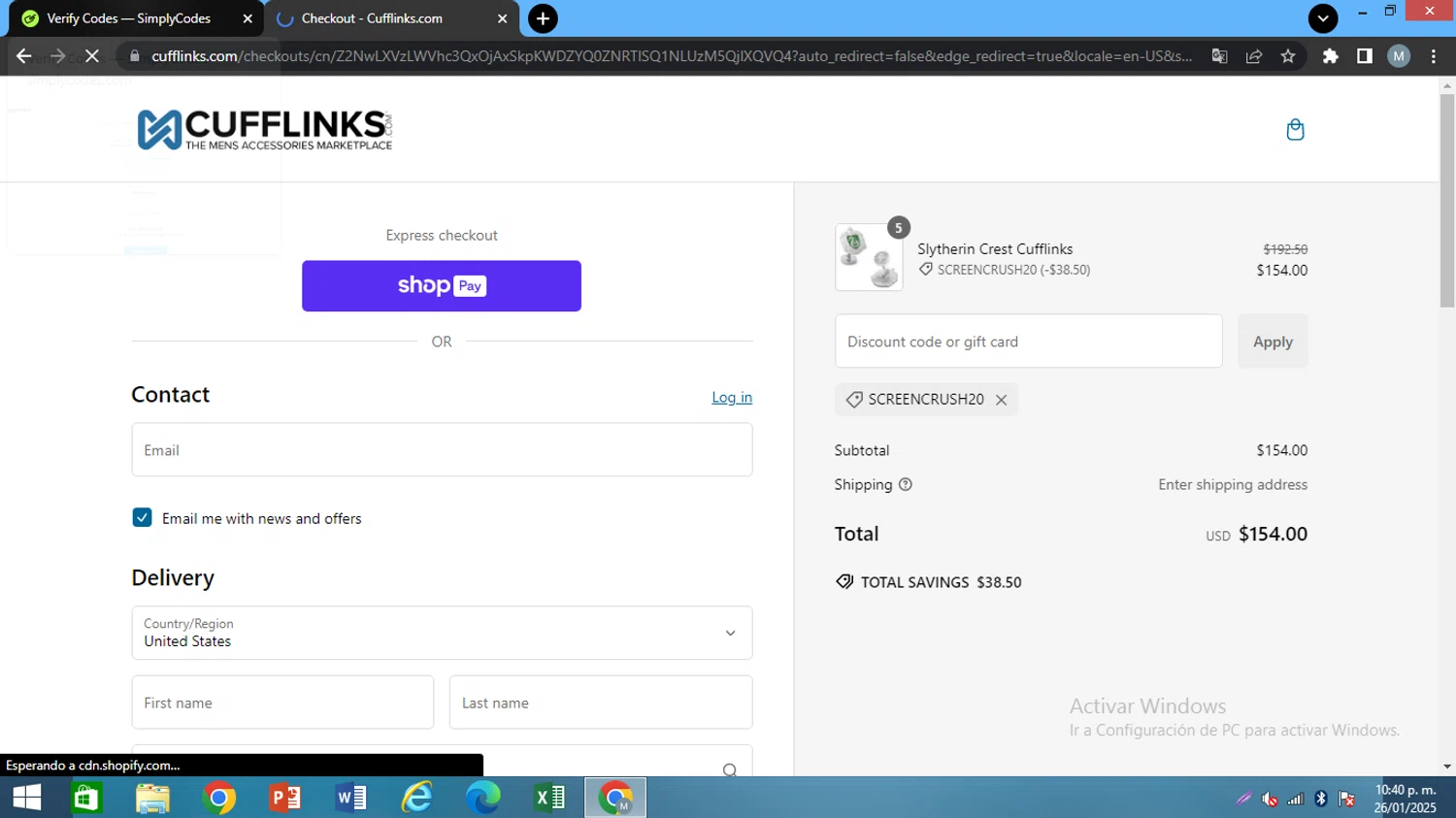 Cufflinks.com promo code screenshot showing code Screencrush20 applied at Cufflinks.com checkout page. Uploaded by SimplyCodes community member AJOTAA on Jan 27, 2025