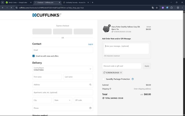 Cufflinks.com checkout page showing Cufflinks.com promo code box | Screenshot taken by SimplyCodes community member on Sep 4, 2025