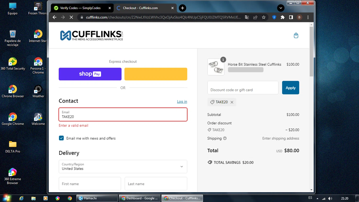 Cufflinks.com promo code screenshot showing code TAKE20 applied at Cufflinks.com checkout page. Uploaded by SimplyCodes community member KHAL_DROGO on Jan 23, 2025
