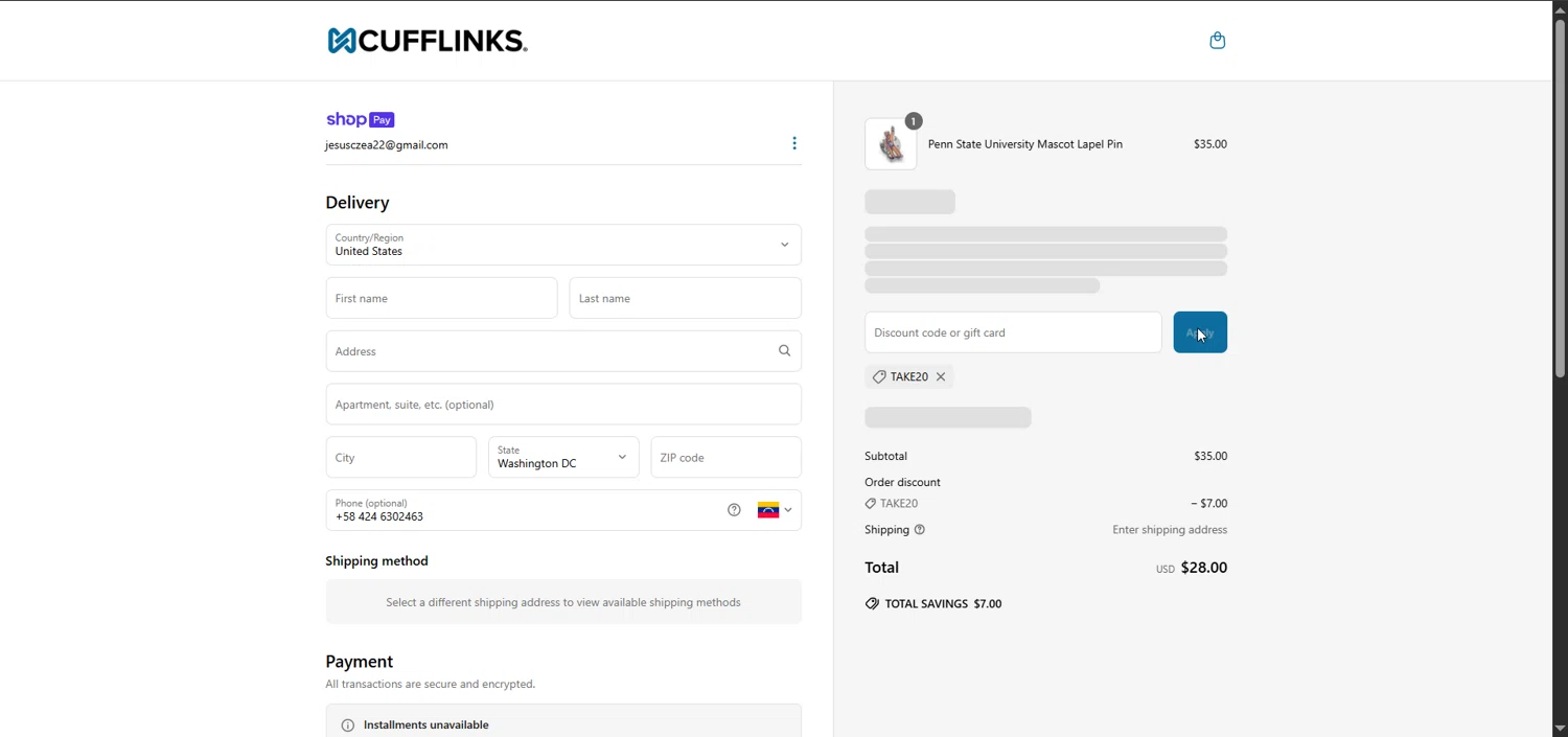 Cufflinks.com promo code screenshot showing code TAKE20 applied at Cufflinks.com checkout page. Uploaded by SimplyCodes community member Raibelys_18 on Jun 19, 2025