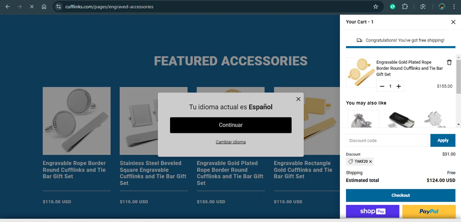 Cufflinks.com promo code screenshot showing code TAKE20 applied at Cufflinks.com checkout page. Uploaded by SimplyCodes community member xAngel on Feb 19, 2025