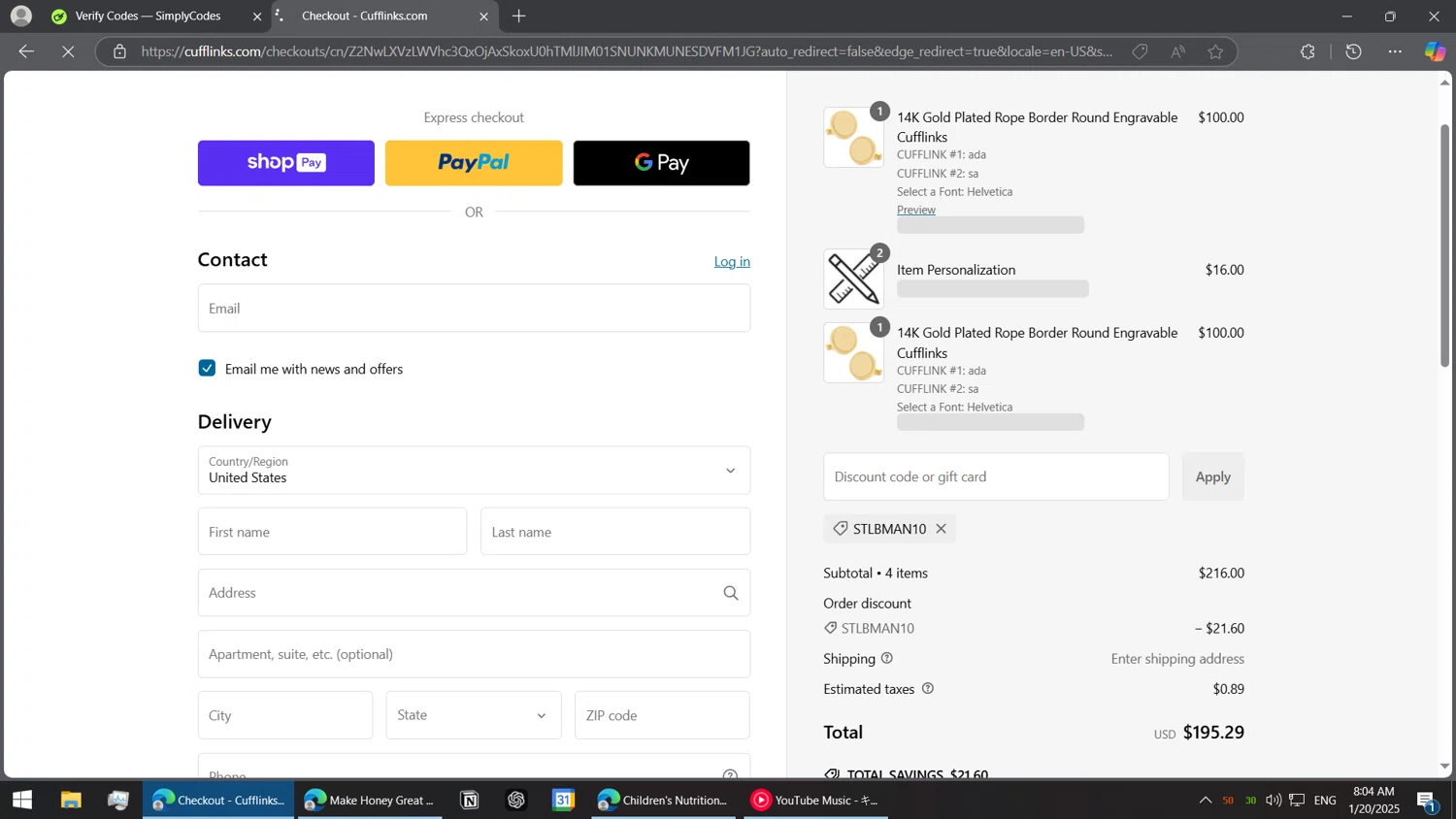 Cufflinks.com promo code screenshot showing code STLBMAN10 applied at Cufflinks.com checkout page. Uploaded by SimplyCodes community member BorgeZzz on Jan 20, 2025