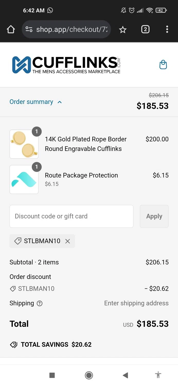 Cufflinks.com promo code screenshot showing code STLBMAN10 applied at Cufflinks.com checkout page. Uploaded by SimplyCodes community member Mujerdejunnior on Feb 18, 2025