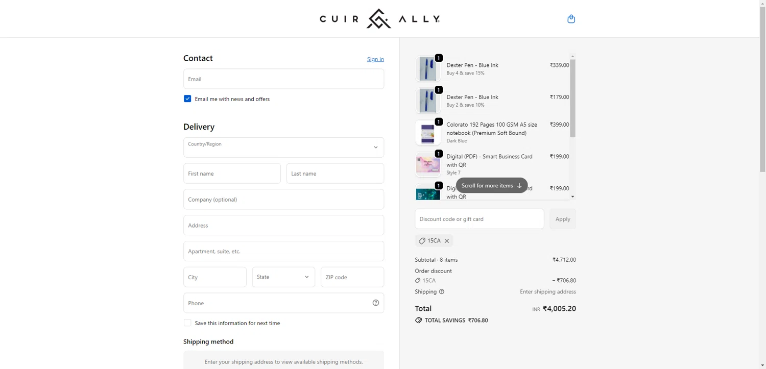 Cuir Ally promo code screenshot showing code 15CA applied at Cuir Ally checkout page. Uploaded by SimplyCodes community member ThriftyPhoenix5129 on Dec 5, 2025