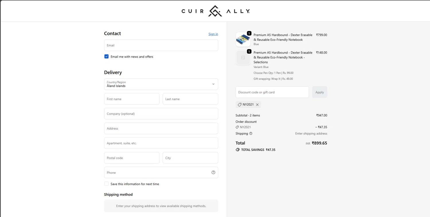 Cuir Ally promo code screenshot showing code NY2021 applied at Cuir Ally checkout page. Uploaded by SimplyCodes community member brrrrr on Nov 15, 2025