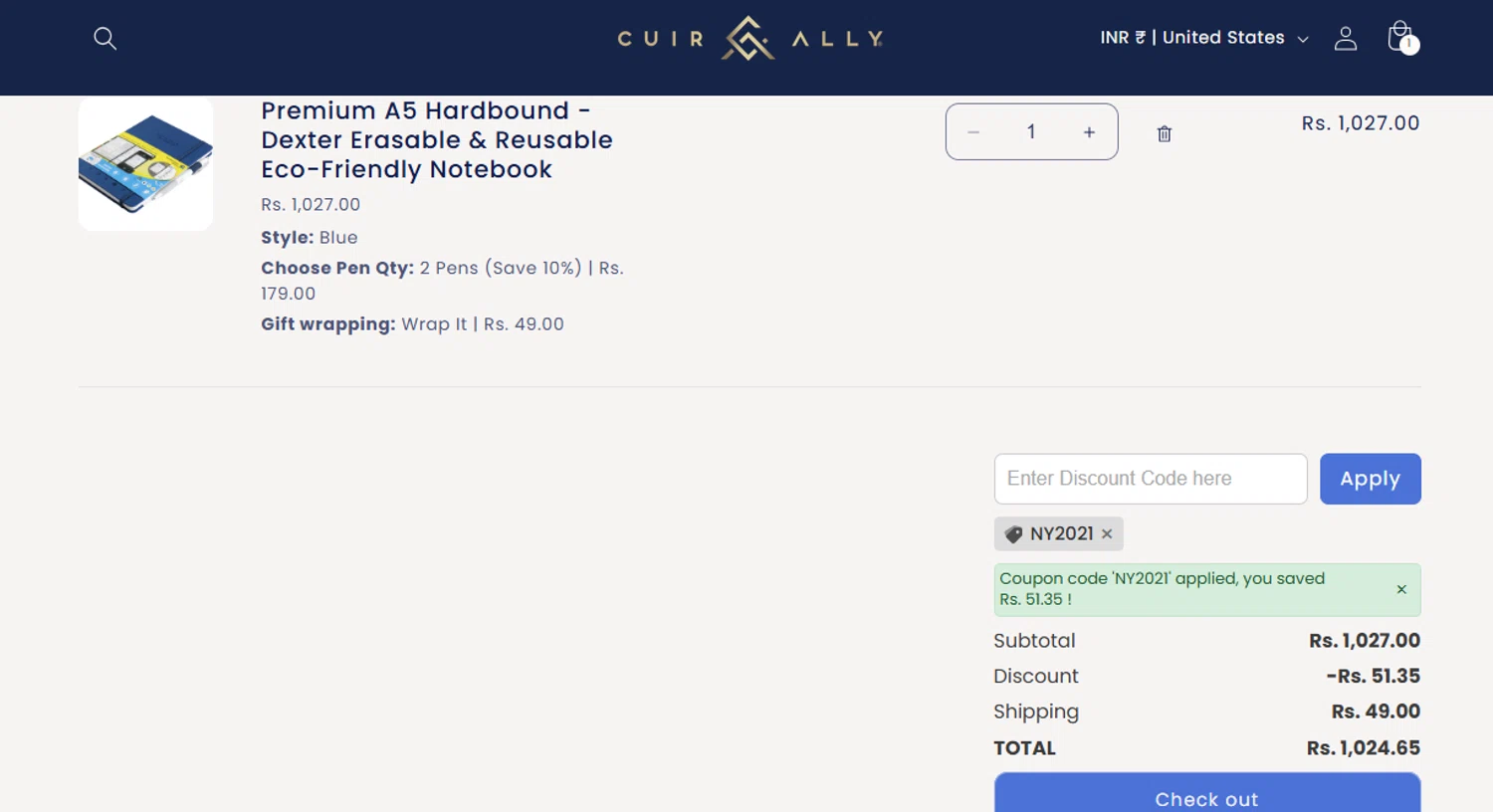 Cuir Ally promo code screenshot showing code NY2021 applied at Cuir Ally checkout page. Uploaded by SimplyCodes community member Loratadina on Dec 5, 2025