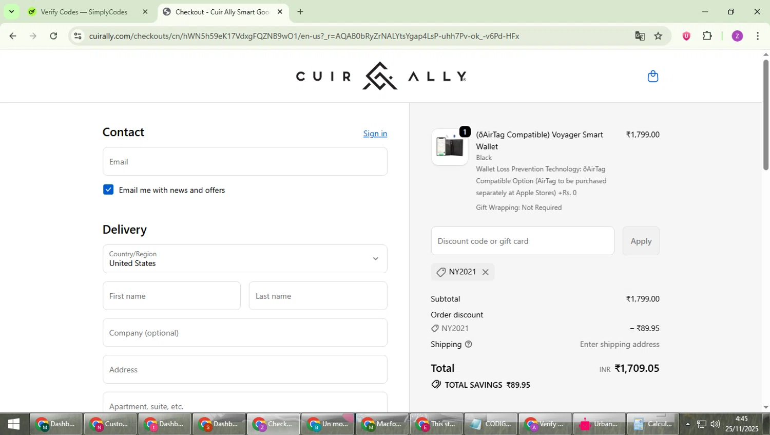 Cuir Ally promo code screenshot showing code NY2021 applied at Cuir Ally checkout page. Uploaded by SimplyCodes community member ValiantFinder3275 on Nov 25, 2025