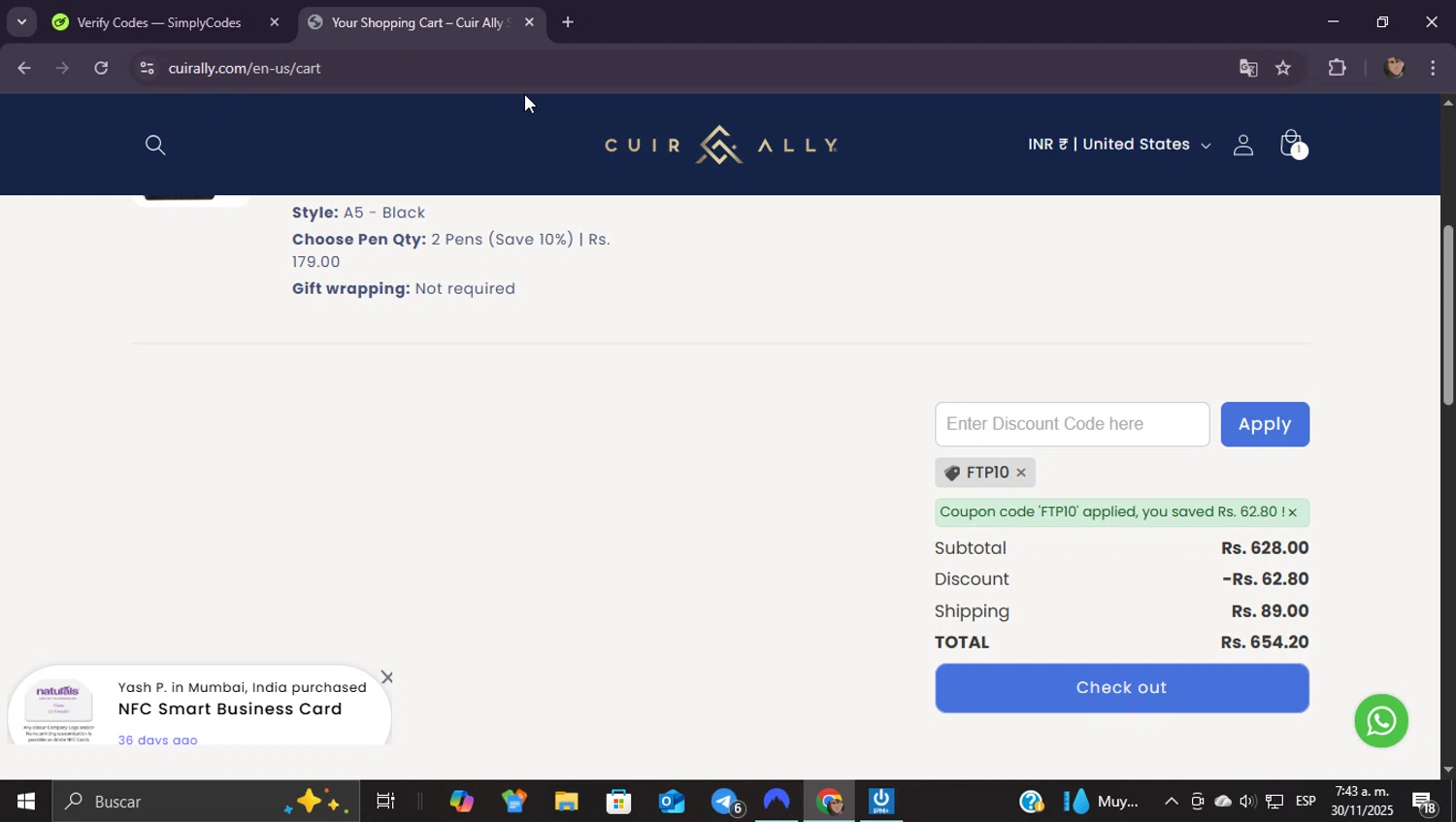 Cuir Ally promo code screenshot showing code FTP10 applied at Cuir Ally checkout page. Uploaded by SimplyCodes community member ShieldEagle9436 on Nov 30, 2025