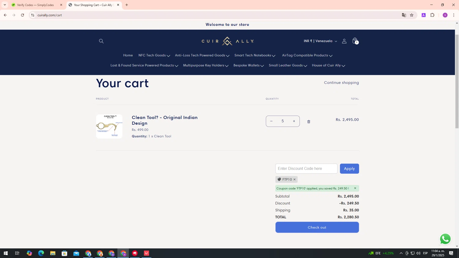 Cuir Ally promo code screenshot showing code FTP10 applied at Cuir Ally checkout page. Uploaded by SimplyCodes community member ScanPhoenix3196 on Jan 29, 2025