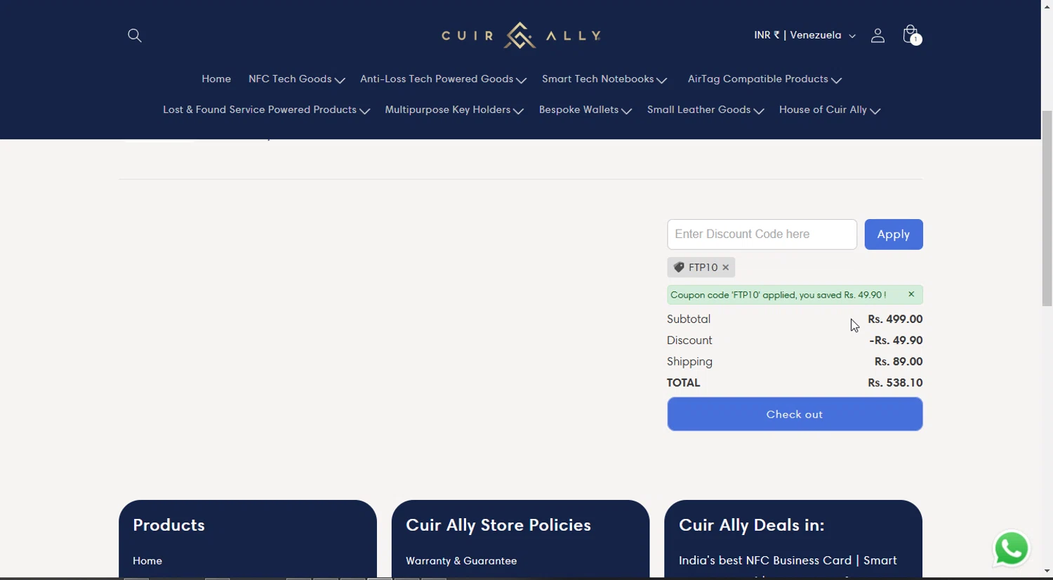 Cuir Ally promo code screenshot showing code FTP10 applied at Cuir Ally checkout page. Uploaded by SimplyCodes community member Rayyyyyy on Jan 29, 2025
