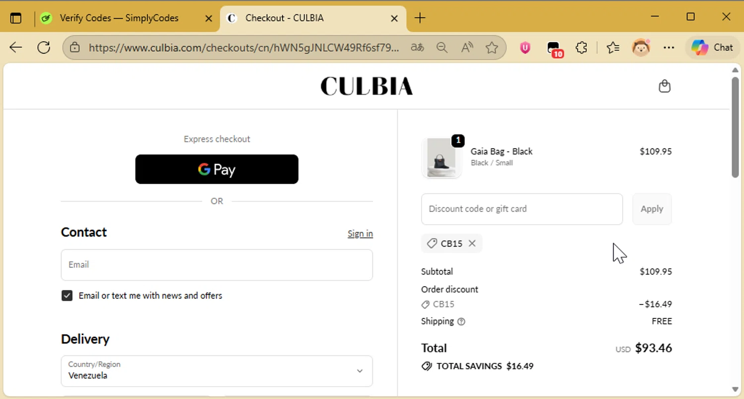 Culbia discount code screenshot showing code CB15 applied at Culbia checkout page. Uploaded by SimplyCodes community member CleverAce742 on Nov 25, 2025