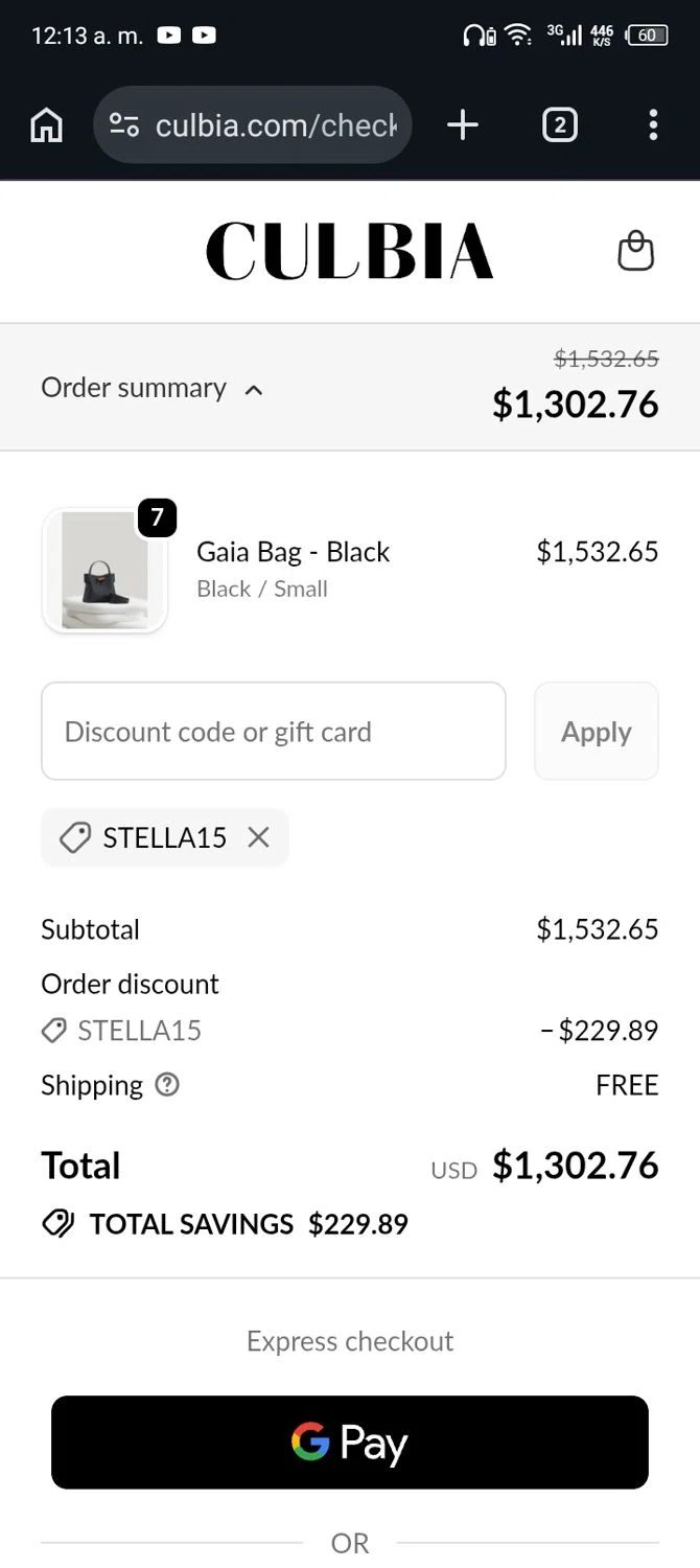 Culbia checkout page showing Culbia discount code box | Screenshot taken by SimplyCodes community member on Feb 18, 2026