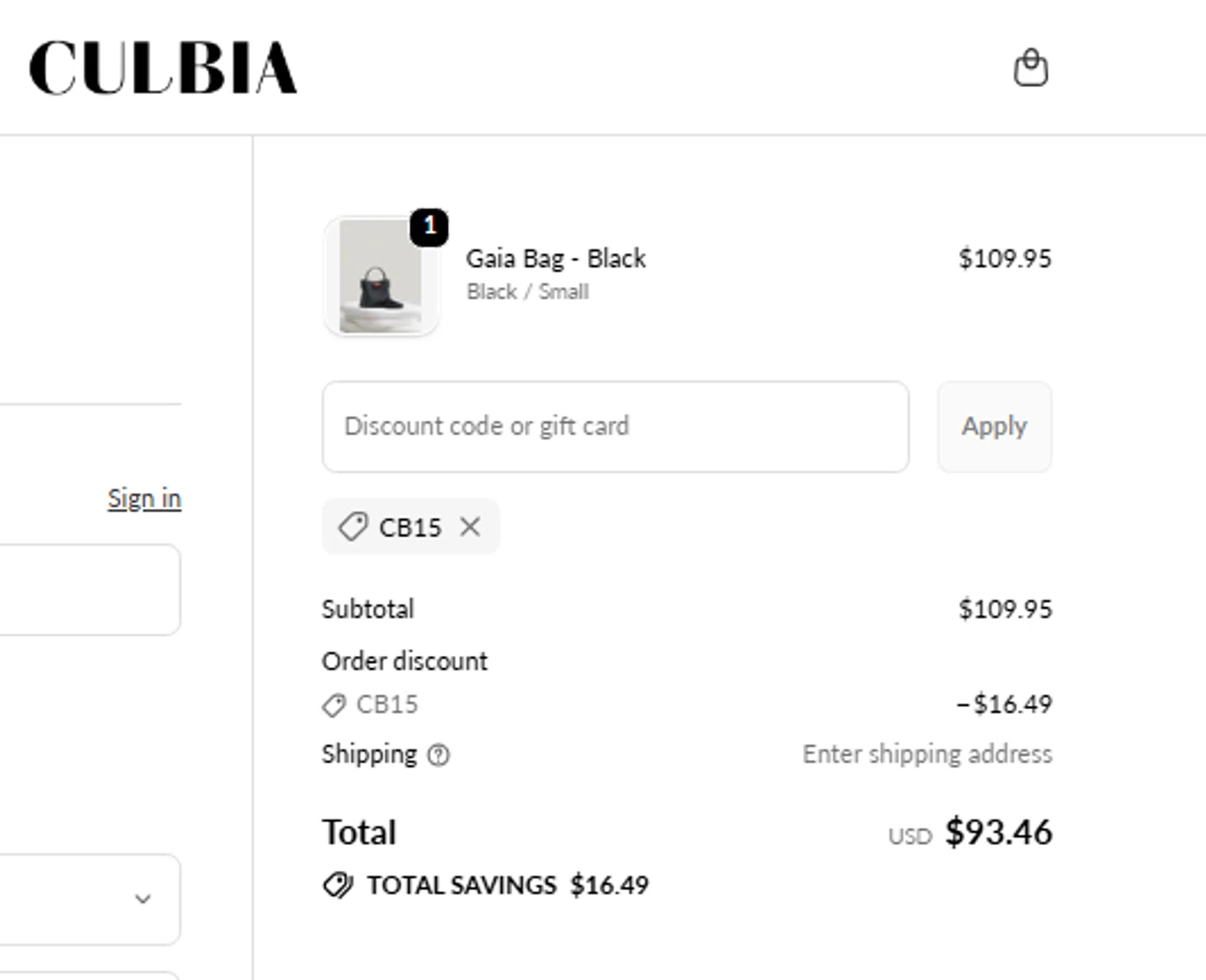 Culbia discount code screenshot showing code CB15 applied at Culbia checkout page. Uploaded by SimplyCodes community member carlosrivero on Nov 18, 2025