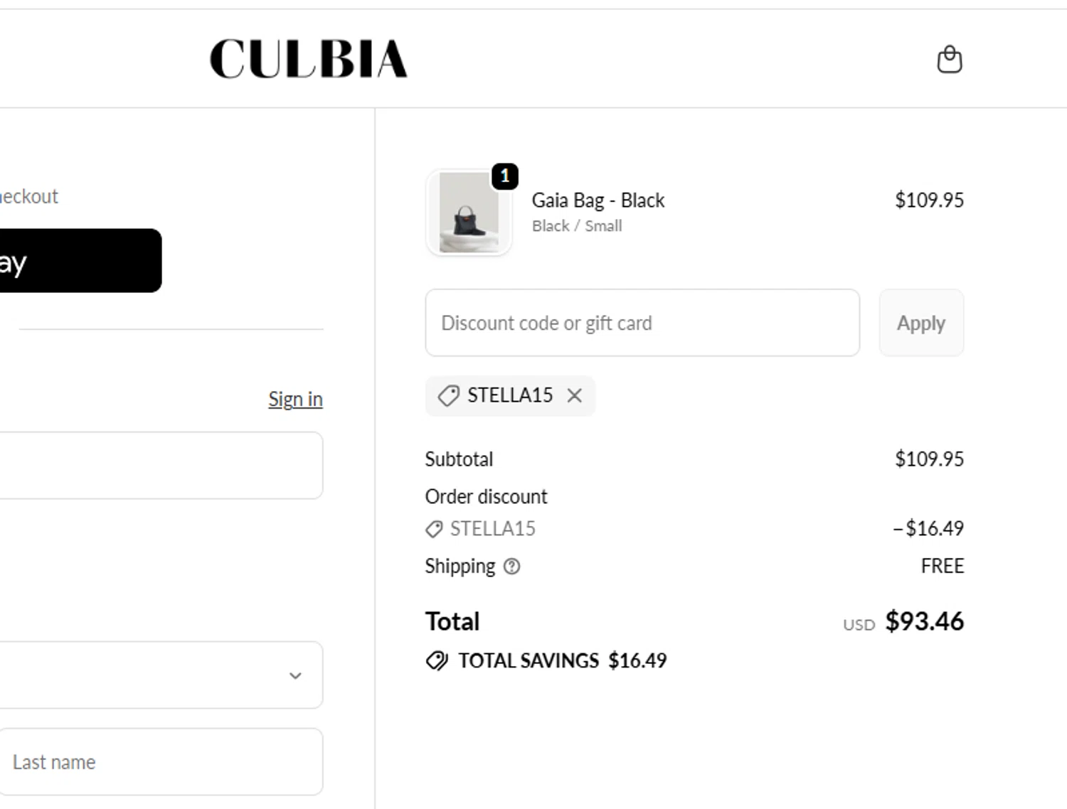 Culbia discount code screenshot showing code STELLA15 applied at Culbia checkout page. Uploaded by SimplyCodes community member yeresojperez on Dec 20, 2025