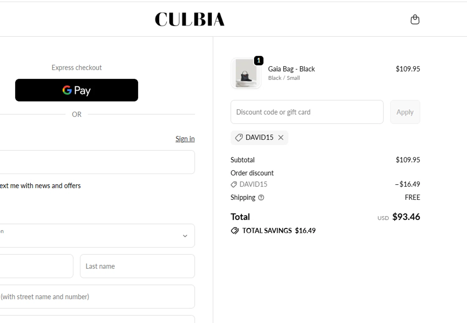 Culbia discount code screenshot showing code DAVID15 applied at Culbia checkout page. Uploaded by SimplyCodes community member yeresojperez on Dec 18, 2025