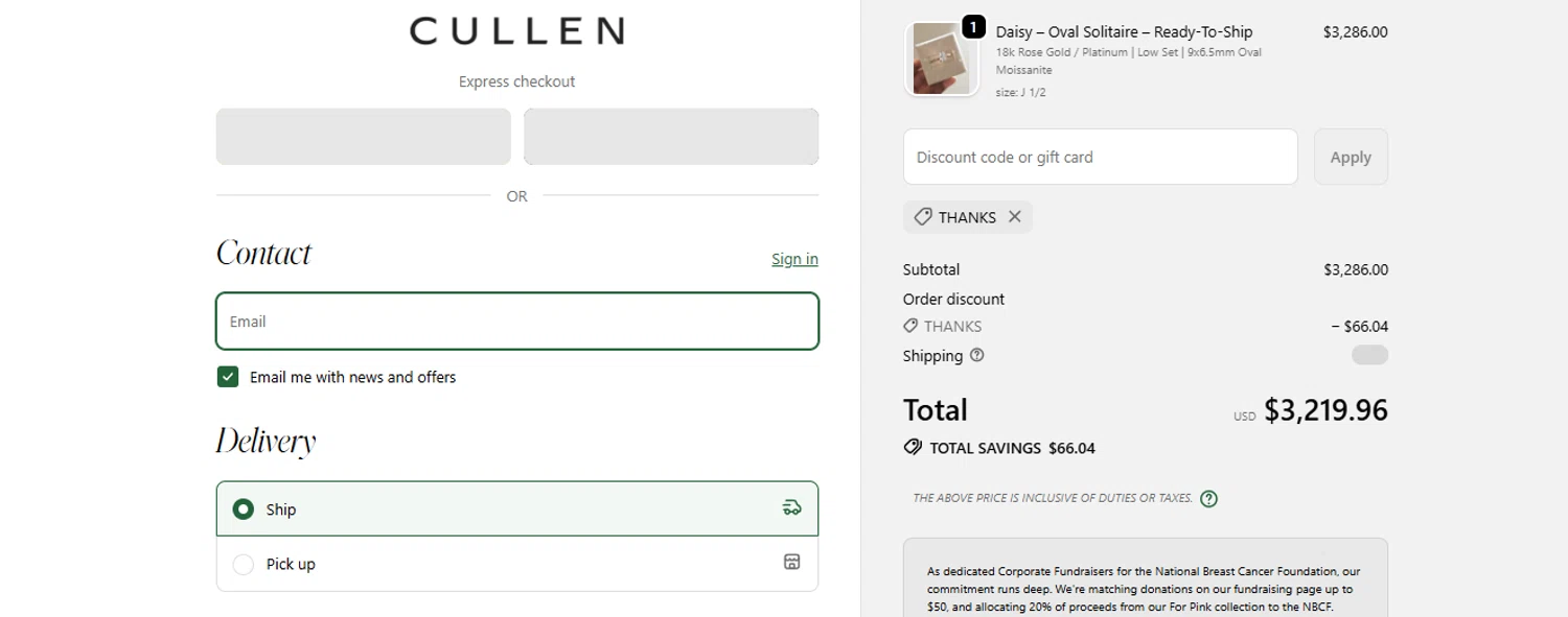 Cullen Jewellery discount code screenshot showing code THANKS applied at Cullen Jewellery checkout page. Uploaded by SimplyCodes community member Quemiras on Oct 21, 2025