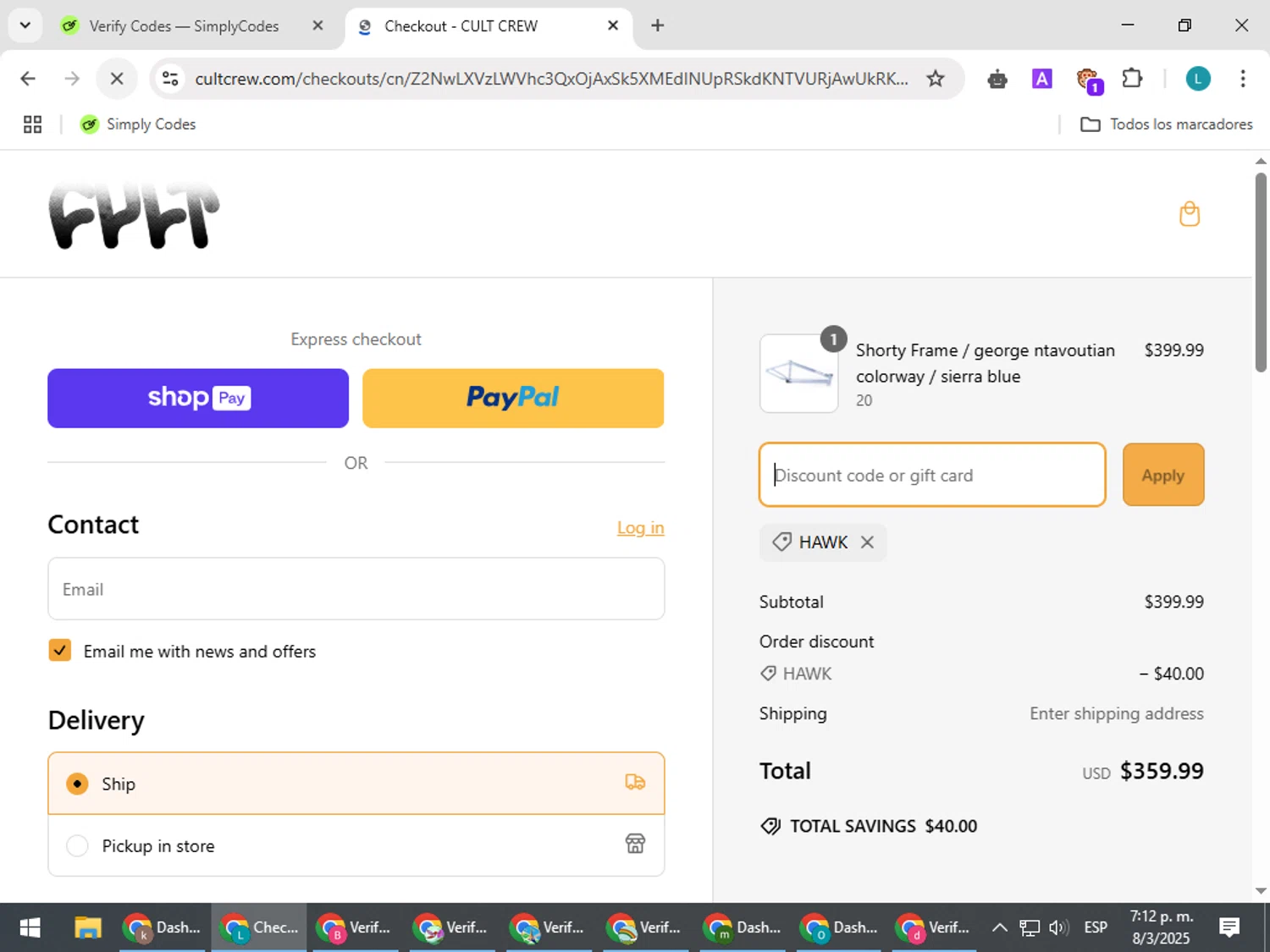 Cult discount code screenshot showing code HAWK applied at Cult checkout page. Uploaded by SimplyCodes community member LuckyLegend792 on Mar 8, 2025