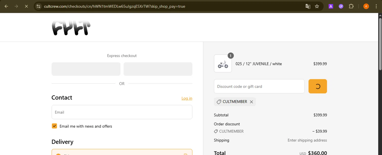 Cult discount code screenshot showing code CULTMEMBER applied at Cult checkout page. Uploaded by SimplyCodes community member NobleElite1598 on Aug 17, 2025