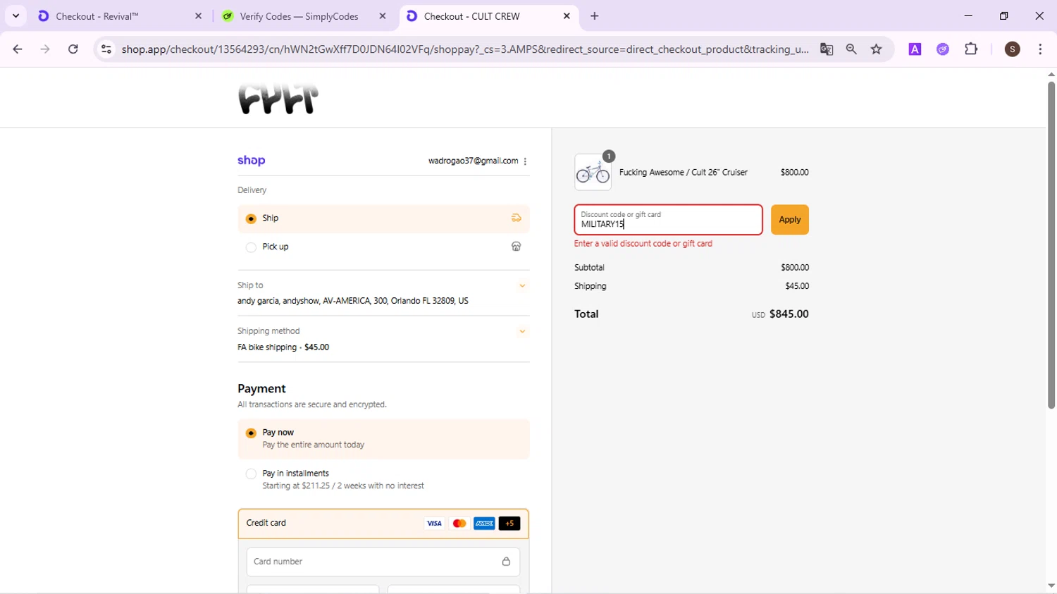 Cult discount code screenshot showing code MILITARY15 applied at Cult checkout page. Uploaded by SimplyCodes community member QuestPhoenix2794 on Sep 12, 2025
