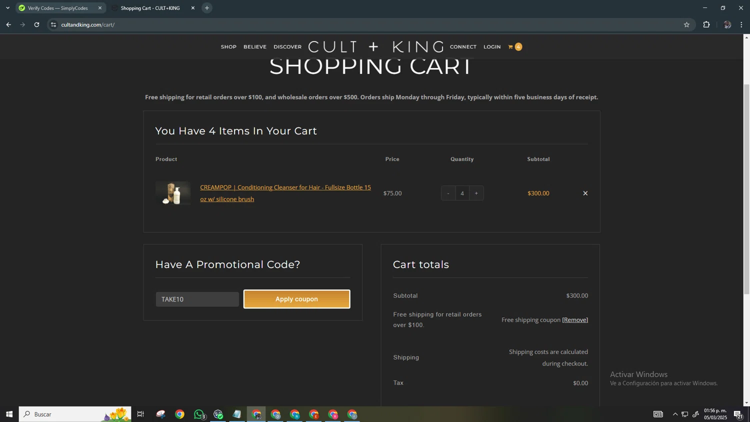 Cult+King checkout page showing Cult+King promo code box | Screenshot taken by SimplyCodes community member on Mar 5, 2025