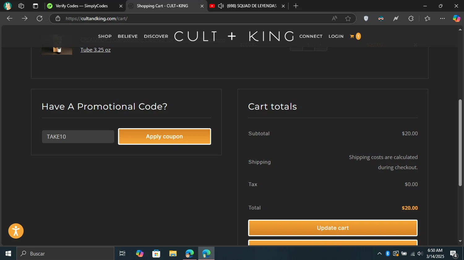 Cult+King promo code screenshot showing code TAKE10 applied at Cult+King checkout page. Uploaded by SimplyCodes community member Don_Quixote on Mar 14, 2025