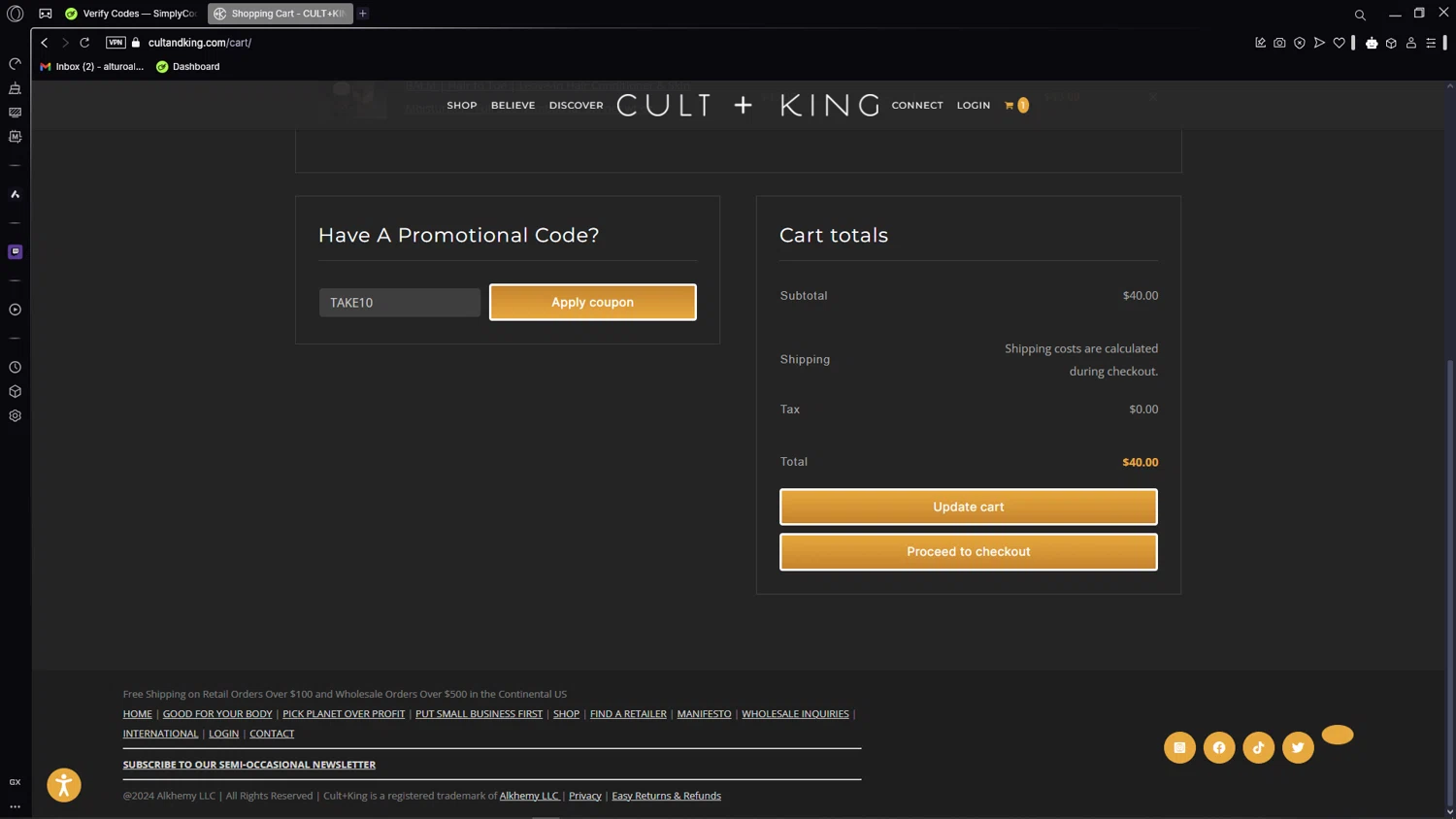Cult+King checkout page showing Cult+King promo code box | Screenshot taken by SimplyCodes community member on Feb 28, 2025