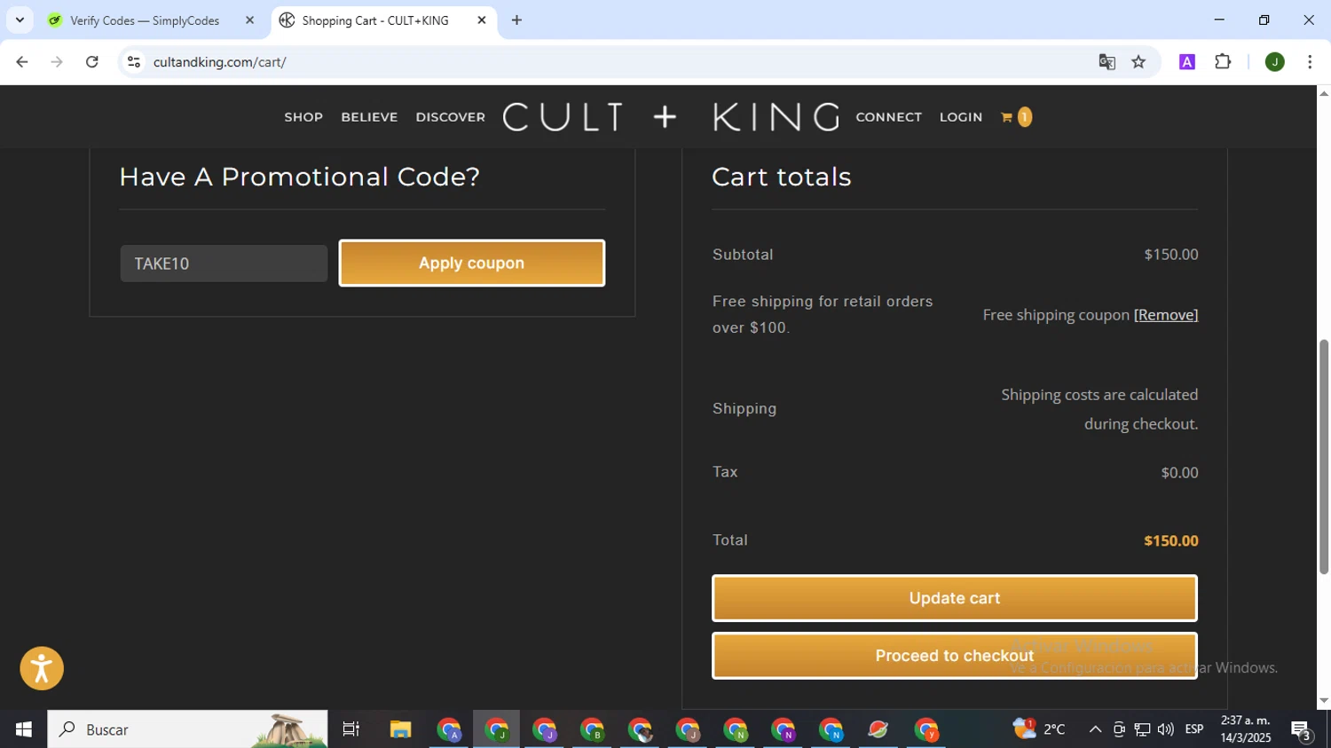 Cult+King checkout page showing Cult+King promo code box | Screenshot taken by SimplyCodes community member on Mar 14, 2025