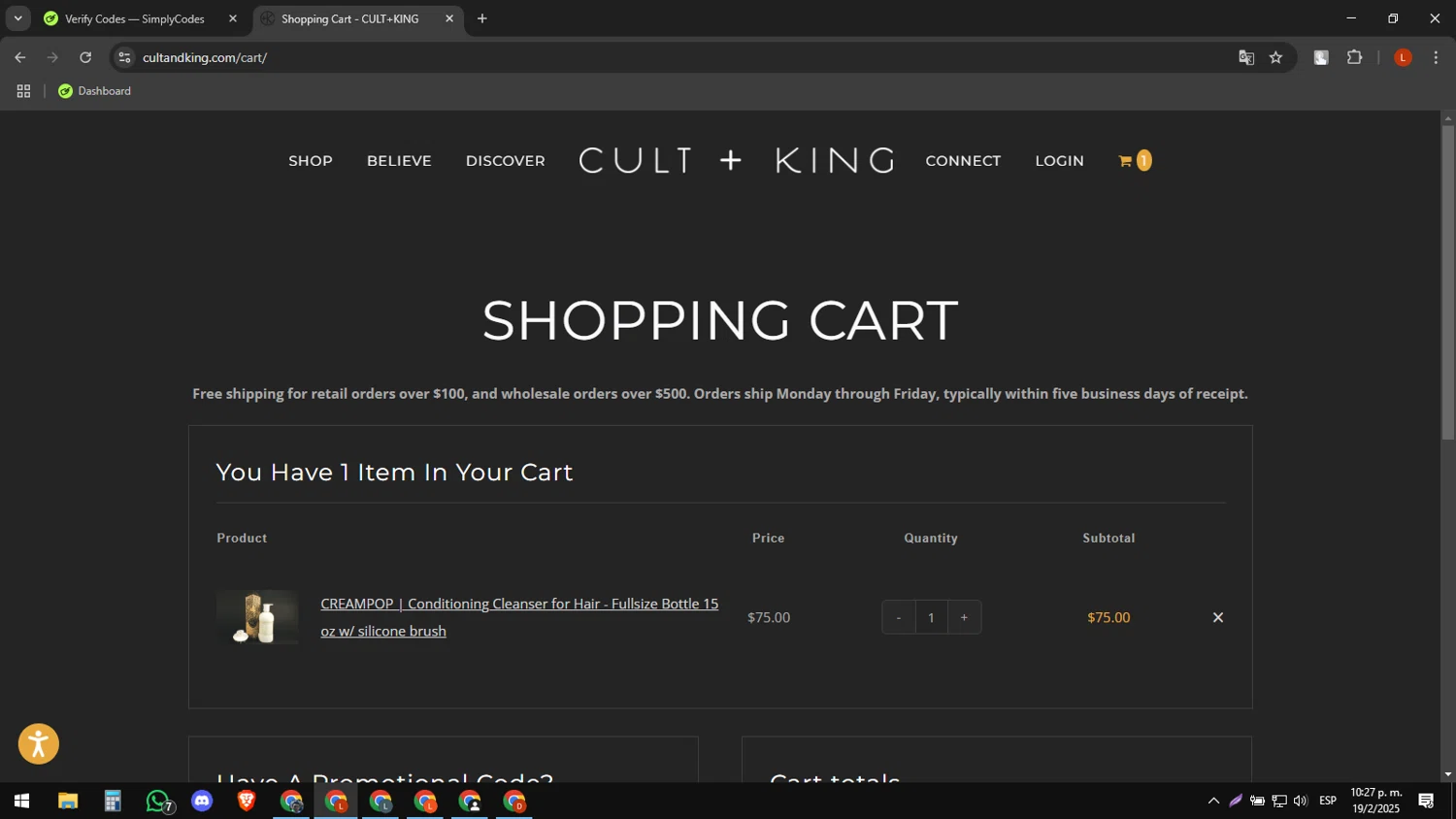 Cult+King checkout page showing Cult+King promo code box | Screenshot taken by SimplyCodes community member on Feb 20, 2025