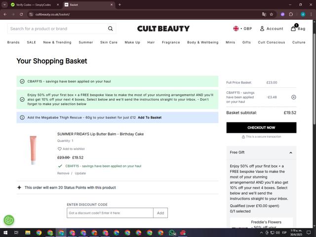 Cult Beauty checkout page showing Cult Beauty promo code box | Screenshot taken by SimplyCodes community member on Jun 30, 2025