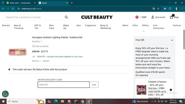 Cult Beauty checkout page showing Cult Beauty promo code box | Screenshot taken by SimplyCodes community member on Apr 28, 2025