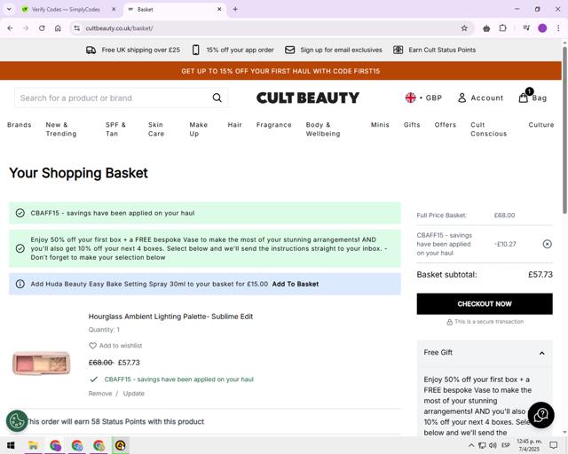 Cult Beauty checkout page showing Cult Beauty promo code box | Screenshot taken by SimplyCodes community member on Apr 7, 2025