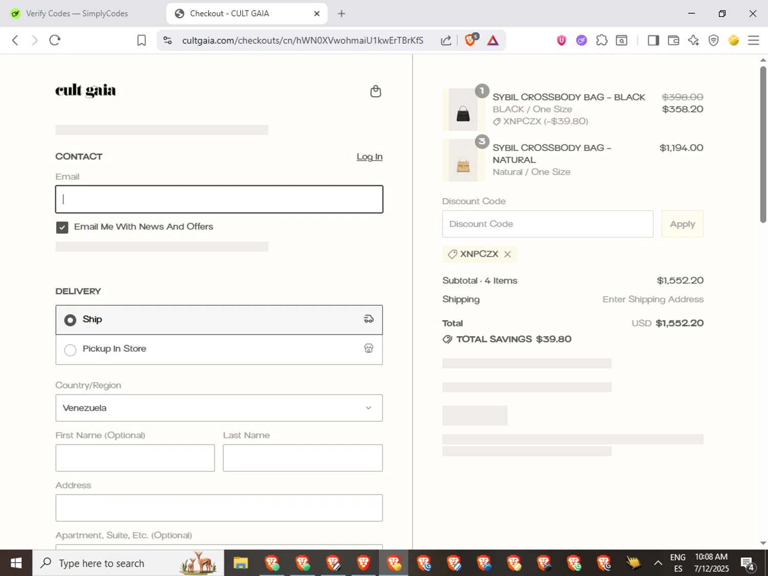 Cult Gaia promo code screenshot showing code XNPCZX applied at Cult Gaia checkout page. Uploaded by SimplyCodes community member QuestWarden1268 on Jul 12, 2025