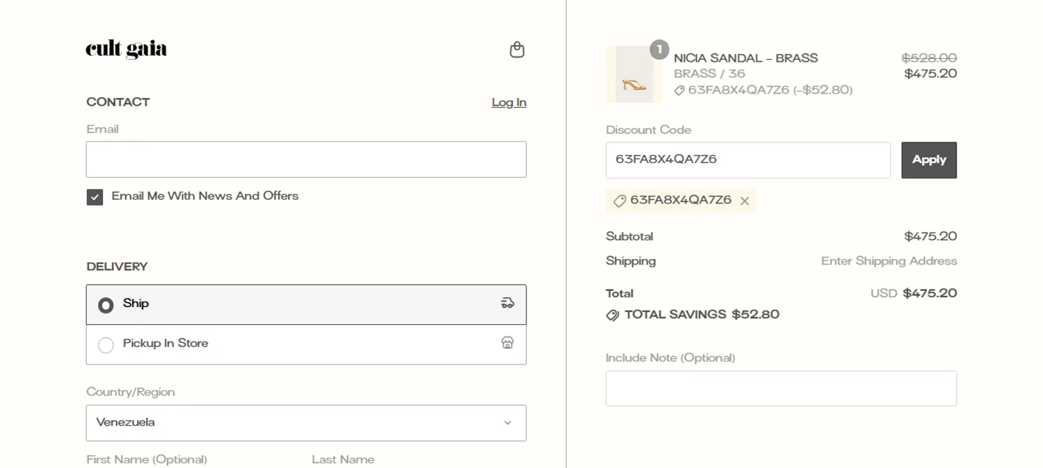 Cult Gaia promo code screenshot showing code 63FA8X4QA7Z6 applied at Cult Gaia checkout page. Uploaded by SimplyCodes community member CarmenAyuth on Jul 19, 2025