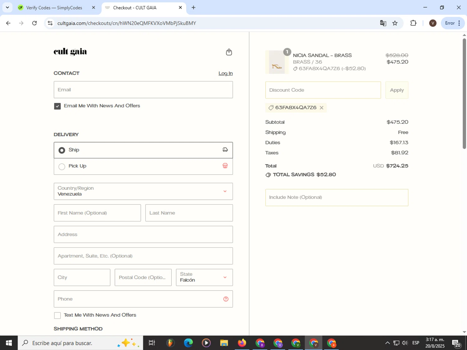 Cult Gaia promo code screenshot showing code 63FA8X4QA7Z6 applied at Cult Gaia checkout page. Uploaded by SimplyCodes community member CashLion3448 on Aug 20, 2025